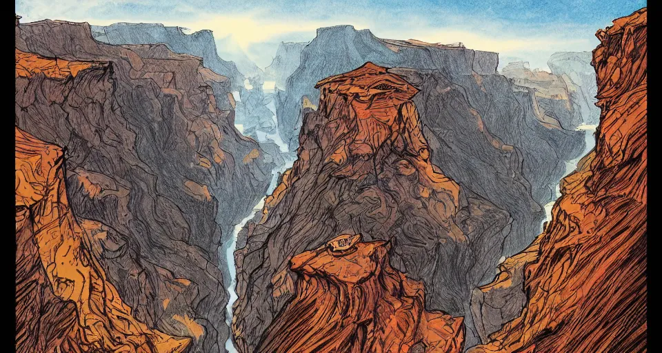 Image similar to a drawing of a canyon, an album cover by alson s. clark, tumblr contest winner, underground comix, concert poster, official art, poster art