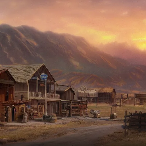 Image similar to a matte painting of the wild west ranch town, oil painting, pale colors, high detail, 8 k, wide angle, trending on artstation,