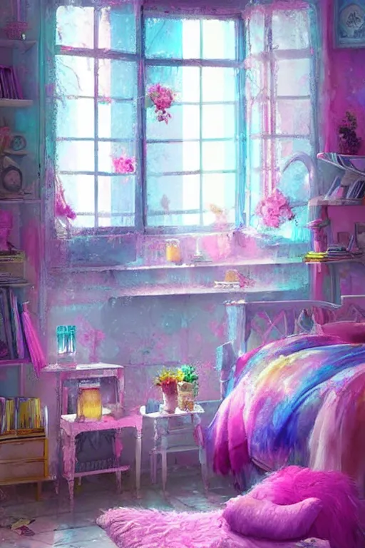 Prompt: hq sharp photo realistic shabby chic room with windows colorful atmospheric, lisa frank, greg rutkowski, artstation behance