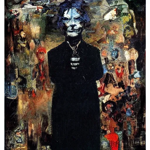 Image similar to by george luks, by vytautas kairiukstis formicapunk, myspace. a beautiful collage of a small figure standing in the center of a dark, foreboding landscape. the figure is surrounded by strange, monstrous creatures, & there is a feeling of unease & dread.