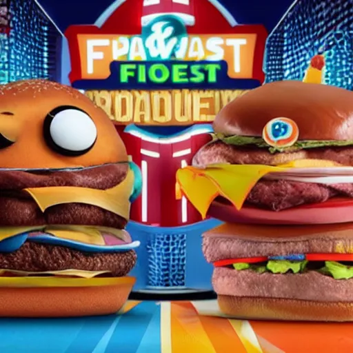 Prompt: fast food mascots brawling, detailed facial expressions
