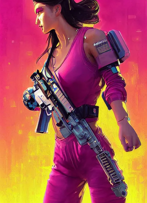 Image similar to beautiful cyberpunk female athlete wearing pink jumpsuit and yellow jacket. firing a futuristic red belt fed automatic pistol. ad poster for pistol. cyberpunk poster by james gurney, azamat khairov, and alphonso mucha. artstationhq. gorgeous face. painting with vivid color, cell shading. ( rb 6 s, cyberpunk 2 0 7 7 )