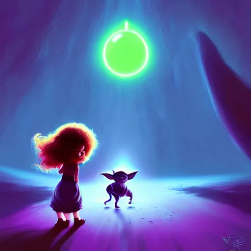 Image similar to curled perspective digital art of curly brown hair baby girl playing ball with yoda by anton fadeev from nightmare before christmas