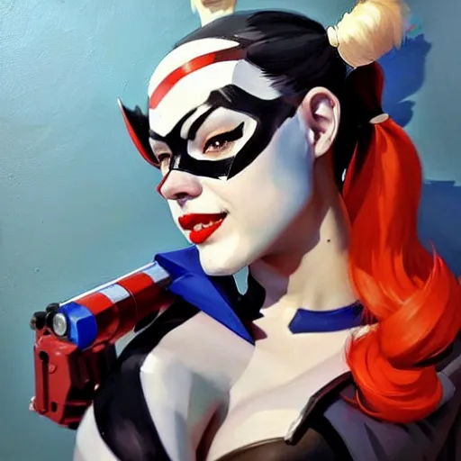 Image similar to Greg Manchess portrait painting of Harley Quinn as Overwatch character, medium shot, asymmetrical, profile picture, Organic Painting, sunny day, Matte Painting, bold shapes, hard edges, street art, trending on artstation, by Huang Guangjian and Gil Elvgren and Sachin Teng