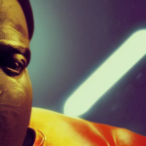 Image similar to Portrait of Biggie Smalls in GTA IV, splash art, movie still, cinematic lighting, dramatic, octane render, long lens, shallow depth of field, bokeh, anamorphic lens flare, 8k, hyper detailed, 35mm film grain