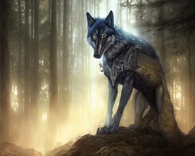 Image similar to 5 5 mm portrait photo of an armored holy wolf with blue glowing eyes and looking at the camera, flooded in holy lights, in a magical forest. magical atmosphere. art by greg rutkowski and luis royo. highly detailed 8 k. intricate. lifelike. soft light. nikon d 8 5 0.