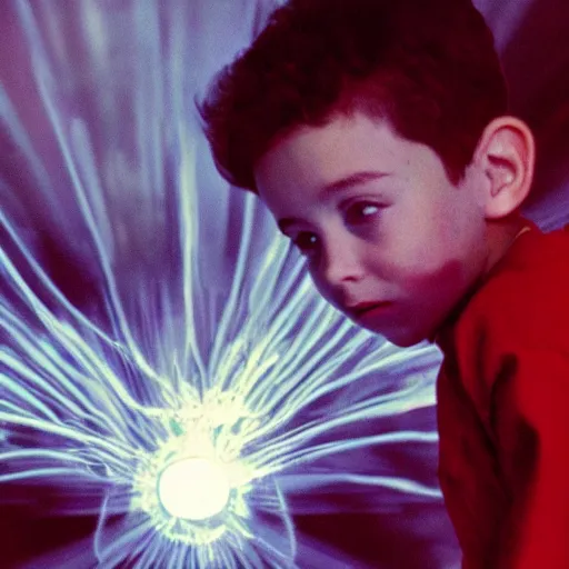 Image similar to film still of a boy playing with a plasma ball, 1990s, film still in the style of Steven Spielberg, wonder, awe, dramatic lighting, 8k, detailed