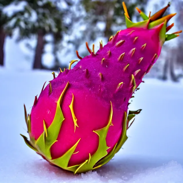 Image similar to a dragonfruit wearing a karate belt in the snow