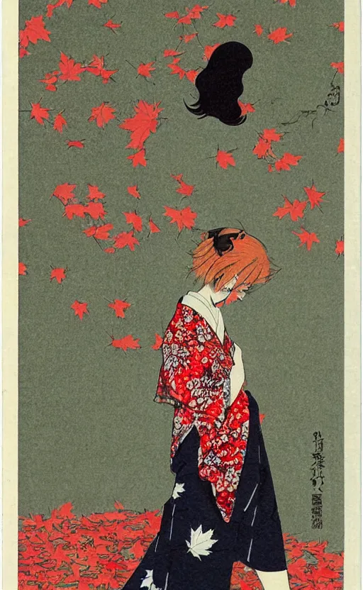 Prompt: by akio watanabe, manga art, a girl looking at the falling maple leafs, trading card front, kimono, realistic anatomy