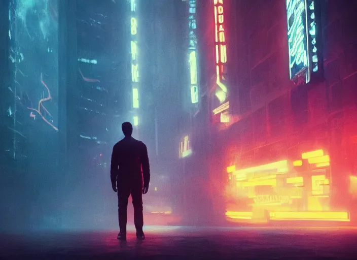 Image similar to a full shot, color cinema film still of johnathan banks in blade runner 2 0 4 9, cinematic lighting at night.