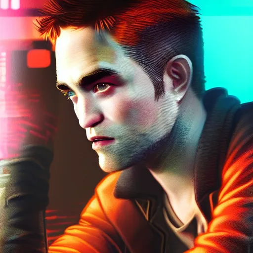 Image similar to robert pattinson portrait, Cyberpunk 2077, cyberpsycho, photorealistic, ultra detailed, neon, octane, bokeh, cyber, feature, scars, cyberface, robot, 8k