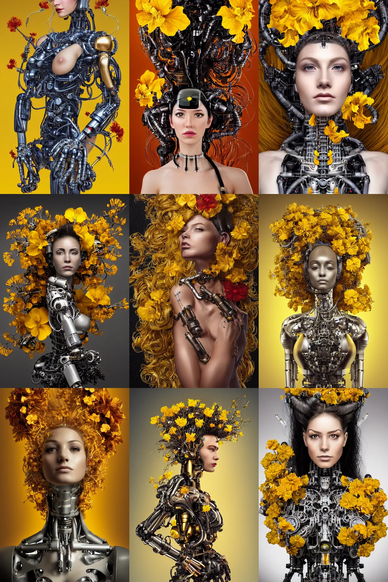 Prompt: a beautiful intricate fine art portrait photo of a cyborg with cybernetic implants, epic hair spread out around her lined with yellow hibiscus, by anna dittman and ed binkley, masterpiece!, mechanical industrial robot body, top view, studio lighting, golden ratio composition, 3 5 mm lens, deep depth of field, artstation, 8 k