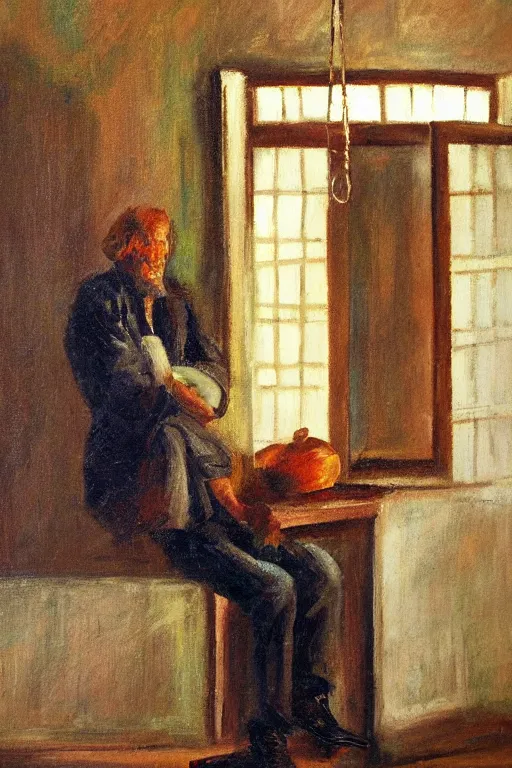 Prompt: oil painting of a man hanging in an old house like a scene from an old movie, multi chromatic, single area of attention, still life, soft outlines, elegant and refined painting, fully rendered light to shadow