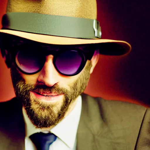 Prompt: film still, extreme long shot, of an enigmatic mysterious man, making the best smug smile, face unseen by wearing a luxury designer fedora and chopard sunglasses, expensive outfit, elegant, casual, intricate, symmetrical, realistic, rich moody colors, by annie leibovitz, nikon d 8 5 0 camera, photoshopped