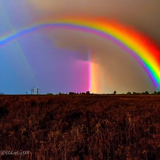 Prompt: a tornado sucking up a rainbow, the rainbow wraps around the tornado as lighting strikes past it