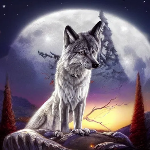 Image similar to a diamond wolf in front of full moon, fantasy art, high definition