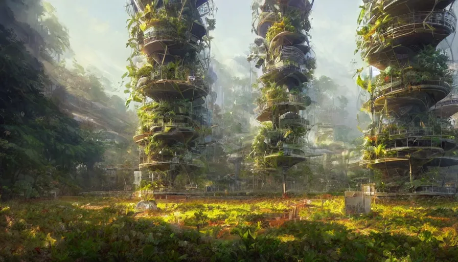 Image similar to craig mullins and ghibli digital illustration tall vertical farms, hydroponics, solarpunk, colorful, unreal engine, hyper realism, realistic shading, cinematic composition, realistic render, octane render, detailed textures, photorealistic, wide shot