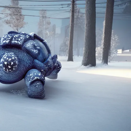 Image similar to highly realistic 3 d rendering of blastoise covered in snow and ice, unreal engine 5, volumetric lighting