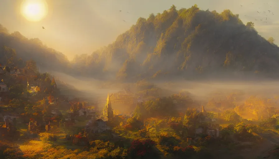 Image similar to Giant golden statue with village built all around in a middle of flowery mountains with giant sun behind, light morning fog, hyperdetailed, artstation, cgsociety, 8k