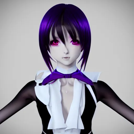 Prompt: nymph render of a beautiful 3d anime body, wearing white cravat and black tuxedo coat, medium black hair, purple eyes, conductor, full round face, in concert hall, medium shot, mid-shot, highly detailed, trending on Artstation, Unreal Engine 4k