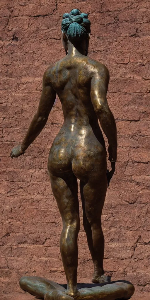 Image similar to detailed photo of old bronze patina statue of most beautiful woman, full body portrait, various bending poses, a temple in the background, photorealism, intricate detail, museum diffuse lighting