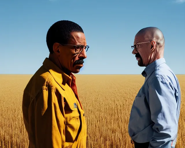 Image similar to extreme long shot of walter white and gustavo fring stand facing each other from a distance in a wheat field, side view, 3 5 mm photograph, 8 k resolution, wide shot, sharp lens