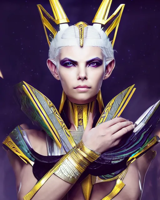 Image similar to perfect white haired attractive egyptian goddess, warframe armor, pharaoh headdress, beautiful, symmetric, dreamy, half asian, pretty face, green eyes, charlize theron, detailed, scifi platform, laboratory, experiment, 4 k, ultra realistic, epic lighting, android body, illuminated, cinematic, masterpiece, art by akihito tsukushi, voidstar