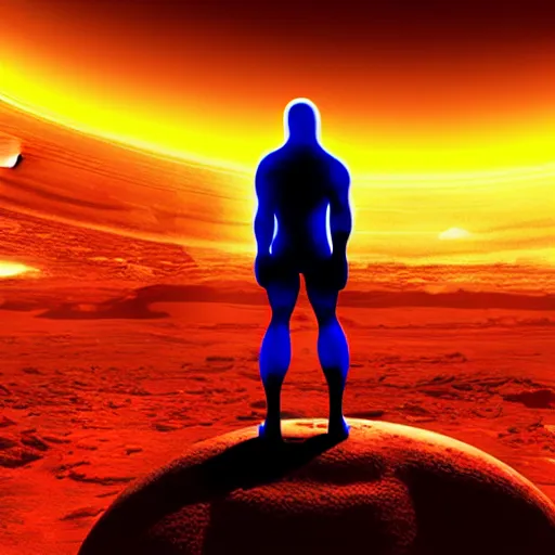 Image similar to Contemporary digital art Highly detailed Dr.Manhattan character from Watchmen watching on a beautiful sunrise on mars. Volumetric light in style of Alan Moore-s 150