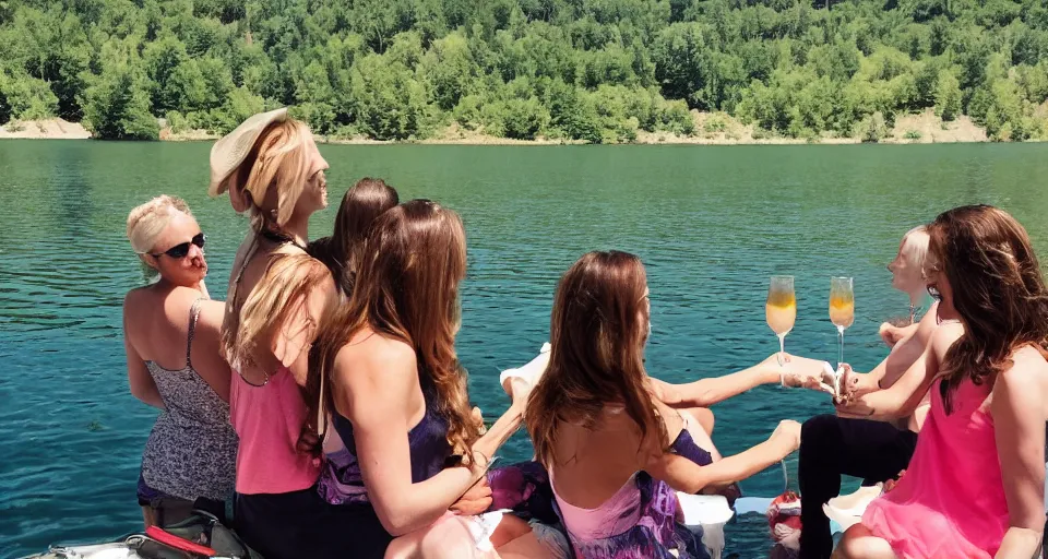 Image similar to storyboard of girls weekend on a lake, mimosas