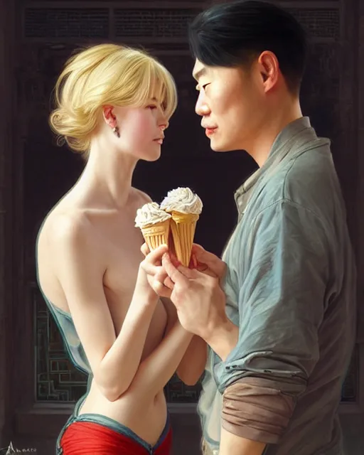 Image similar to Portrait of a  blonde lady and a Chinese man eating ice creams in Porto,real life skin, intricate, elegant, highly detailed, artstation, concept art, smooth, sharp focus, art by artgerm and greg rutkowski and alphonse mucha