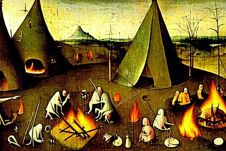 Image similar to hieronymus bosch painting of a campsite with bonfire