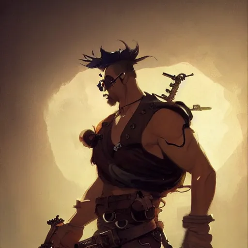 Image similar to character design, steampunk thug, blades and gadgets, backlit, musclebound and hulking, glamor hairstyle, persian, unibrow, male, Studio Ghibli painting concept by Greg Rutkowski