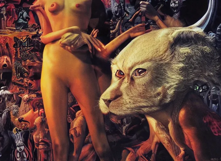 Prompt: wild underground scene from a 7 0's movie by chris cunningham, kenneth anger and alejandro jodorowsky : : surreal dream scene of actresses turning into animals in urban setting : : close - up, ultra realistic, concept art, highly detailed by greg hildebrandt, enki bilal, tim walker 4 k