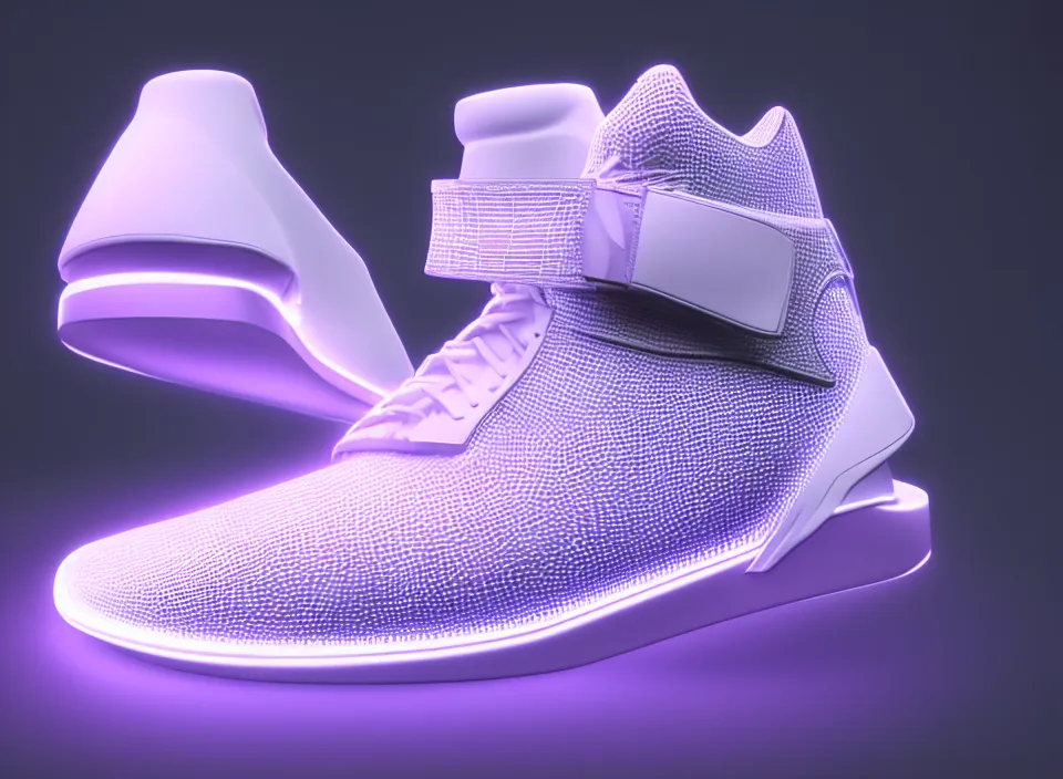 Prompt: realistic 3 d render of a futuristic sneaker, beautiful studio lighting, soft, sharp focus, neon glowing lines, intricate detail, purple and silver leather, soft white rubber, shiny plastic, black hexagon mesh, black filigree, octane render, side view, close up, trending on artstation, deviantart, nike, reebok, salomon