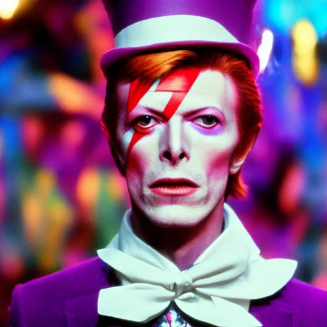 Prompt: stunning awe inspiring portrait of david bowie playing willy wonka, movie still 8 k hdr atmospheric lighting, highly detailed
