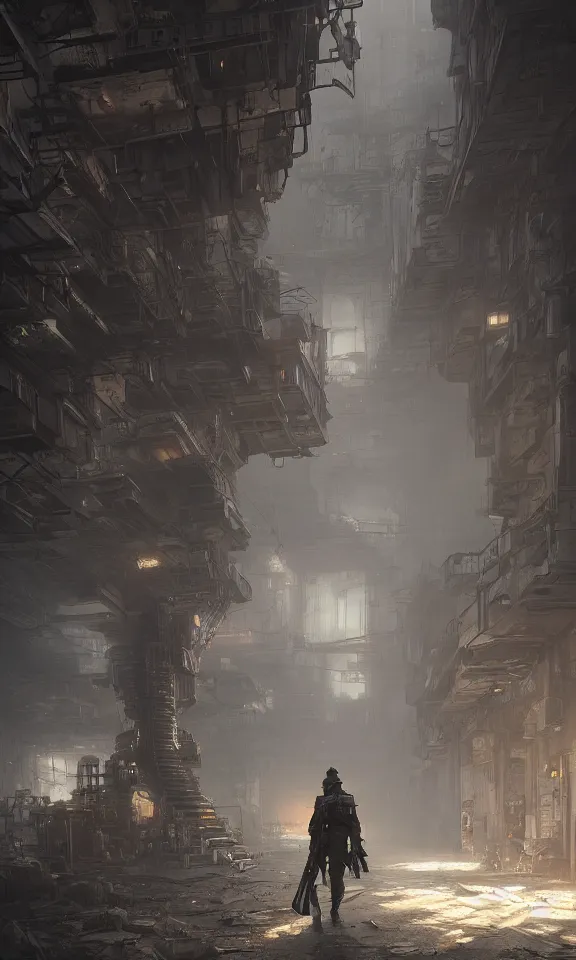 Prompt: Futuristic matte painting of a cyberpunk soldier walking through an abandoned foundry, volumetric light scattering, highly detailed, Andreas Rocha, Greg Rutkowski, Darek Zabrocki, ArtStation, CGSociety, Unreal Engine, 4K, 8K