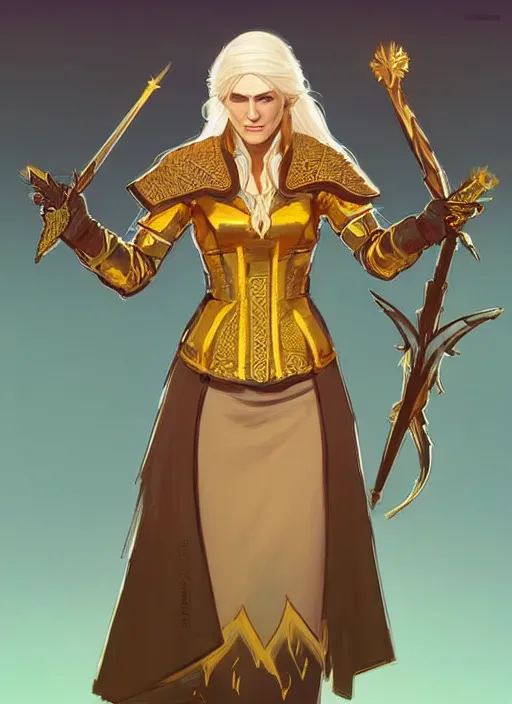 Image similar to concept art of a beautiful gold haired female healer. witcher 3 character design by laurie greasley and sherree valentine daines concept art, matte, sharp focus, illustration, hearthstone, art by artgerm and greg rutkowski and alphonse mucha