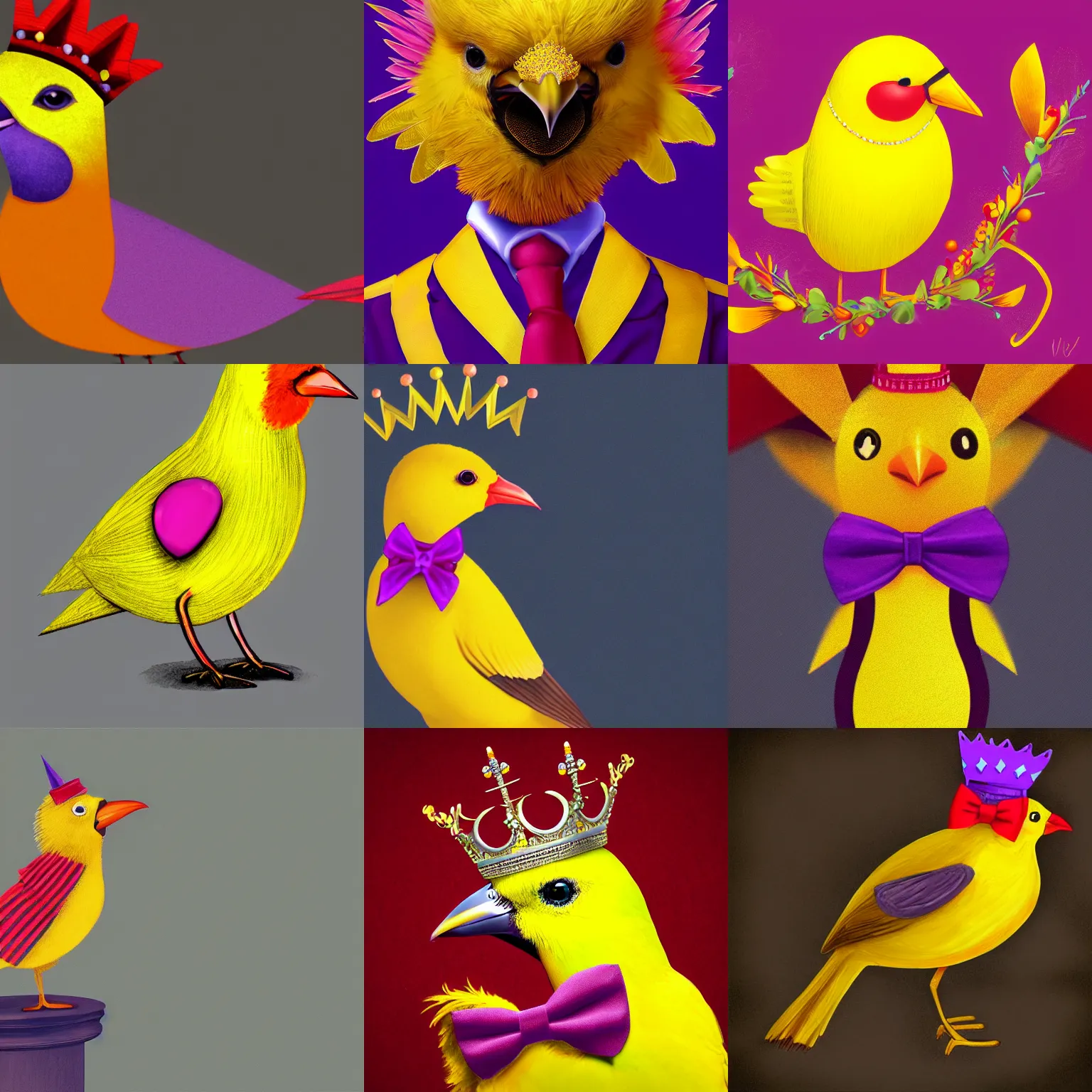 Prompt: a yellow bird wearing a crown and a red bow tie, purple background, digital art, artstation, detailed, 4k, high quality