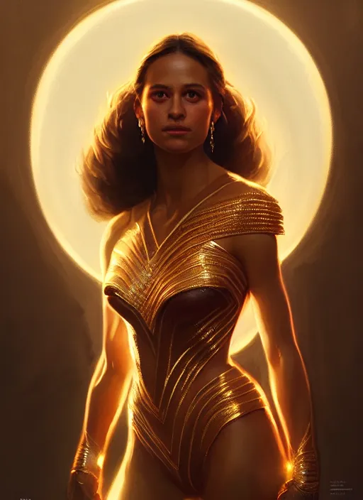 Image similar to portrait of darna alicia vikander, intricate, elegant, glowing lights, highly detailed, digital painting, artstation, glamor pose, concept art, smooth, sharp focus, illustration, art by wlop and greg rutkowski