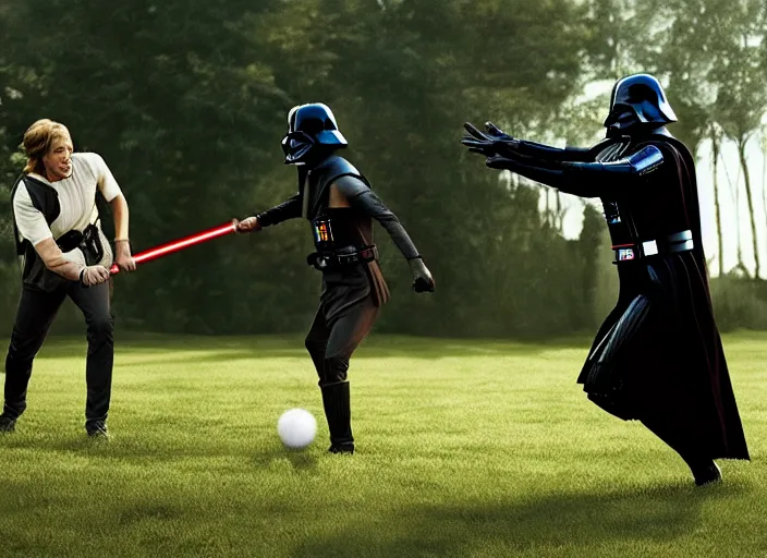 Image similar to film still of Darth Vader plays frisbee with Luke Skywalker in the new Star Wars movie, 4k