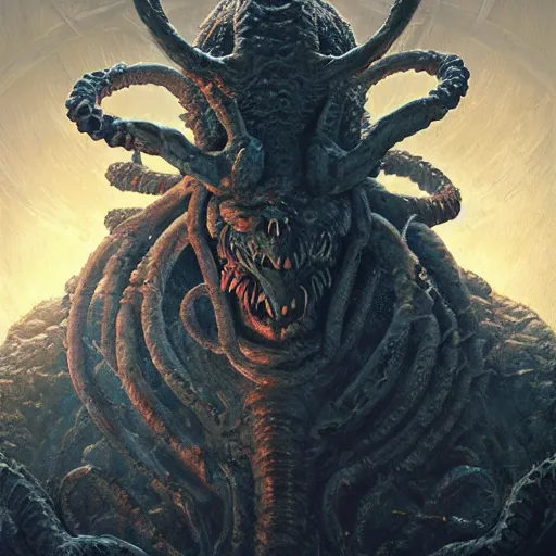 Image similar to arachnid god of the netherworld in the style of michael whelan and h. p. lovecraft. hyperdetailed photorealism by greg rutkowski. 1 0 8 megapixels, 3 d finalrender, cinematic lighting.