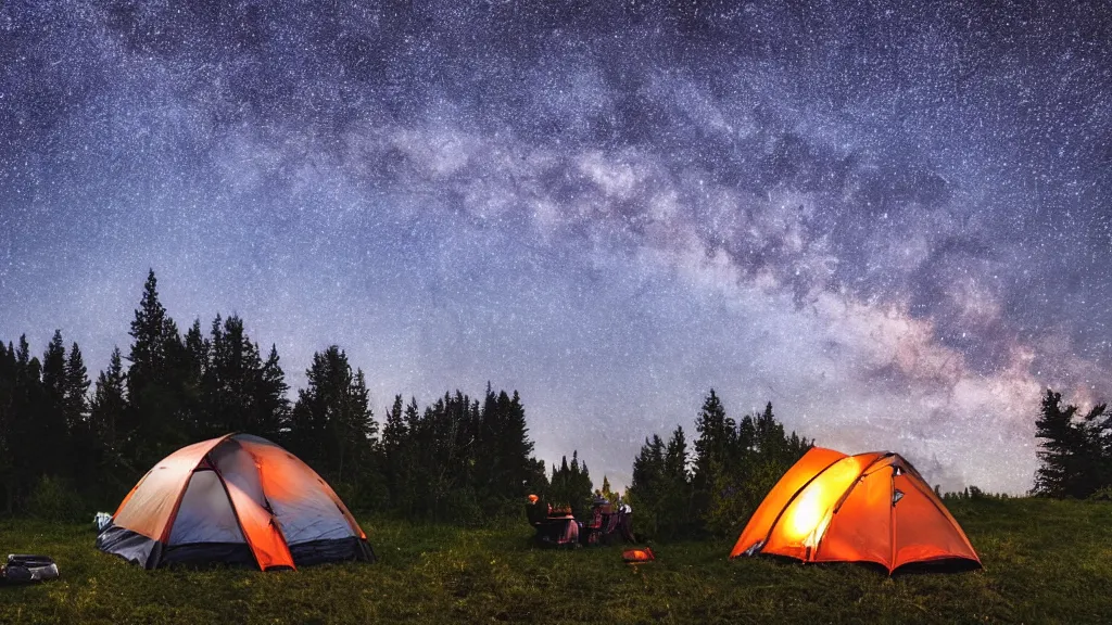 Prompt: camping out in the middle of nature, tents in the background, starry sky, night time, dark, milky way, campfire, highly detailed, 4 k