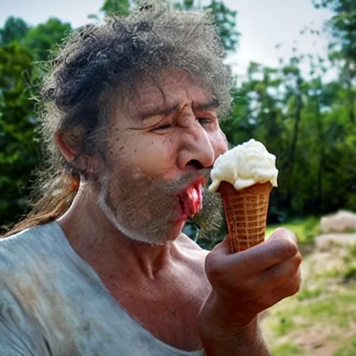 Image similar to photo of a neanderthal amazed eating ice cream