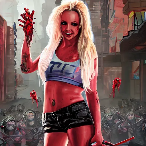 Image similar to painting of britney spears in racoon city full of zombies, hd, 4 k, 8 k artstation,