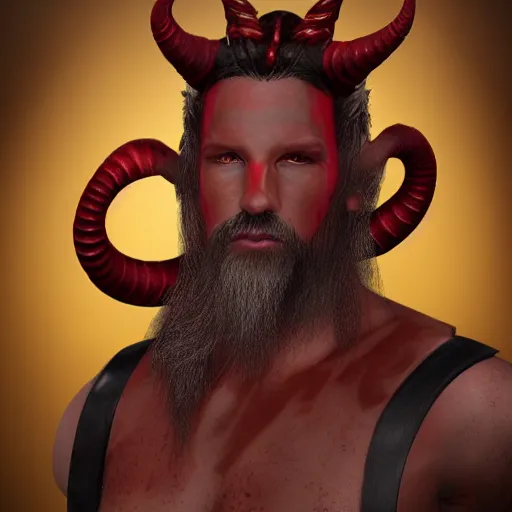 Image similar to dnd render of a male tiefling, red scales, a big black beard, completely golden eyes, 1 curved horn growing out of his forehead, one broken horn growing out of his forehead,