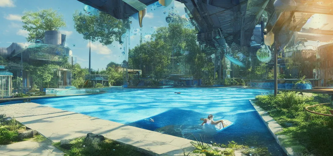 Image similar to view of a utopian outdoor solarpunk pool, empty, blue clear skies, waves, bubbles, reflections, refractions, caustics, dappled light, cinematic lighting, ultra detailed, sharp, ambient occlusion, raytracing, 3 d artstation render by greg rutowski, finnian macmanus and jessica rossier