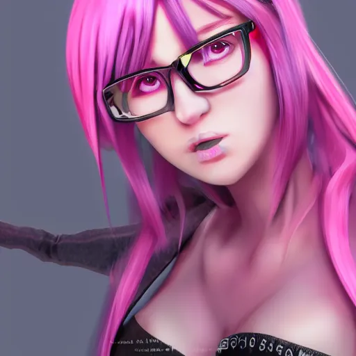 Prompt: a anime waifu succubus with pink hair and round glasses, 4 k, high octane render, blender, digital art, realistic, hyper realism, cinematic