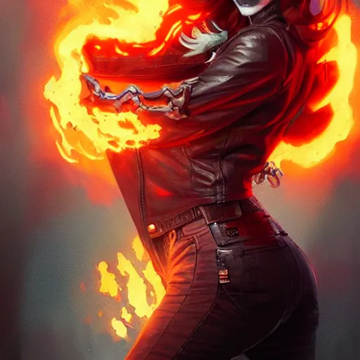Image similar to female ghost rider, flaming skull, art by greg rutkowski and wlop and raymond swanland and ross tran,