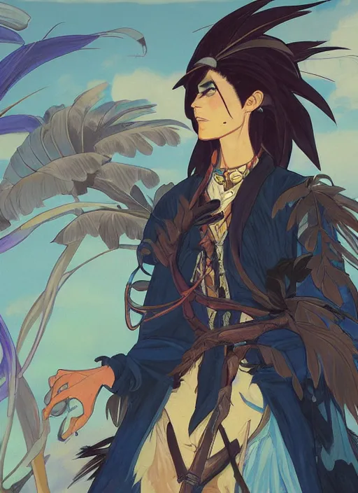 Image similar to concept art painting of an androgynous bird person with human face and black feathers, pirate clothes, detailed, cel shaded, in the style of makoto shinkai and james gurney and alphonse mucha and greg rutkowski and artgerm