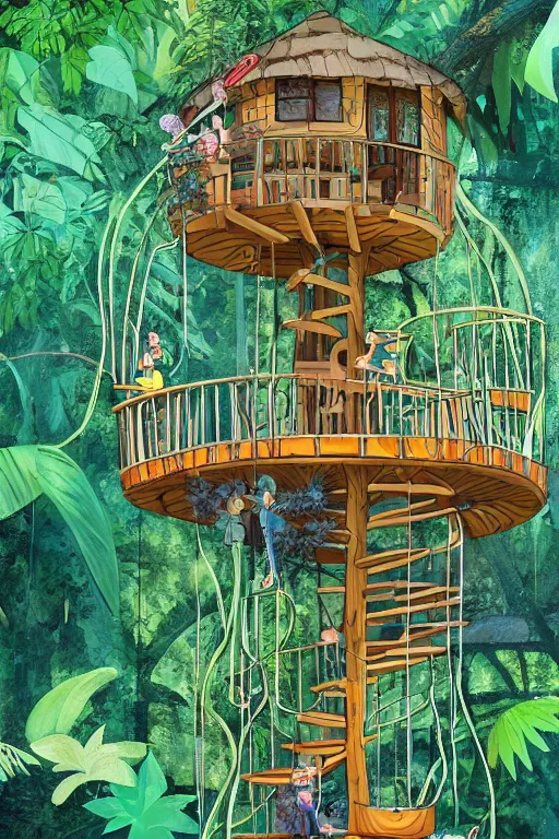 Image similar to tree house in the rainforest, spiral staircase, swings, garden, by alba ballesta gonzalez. 4 k wallpaper, digital flat 2 d, comic book, illustration, cinematic lighting, smooth sharp focus.